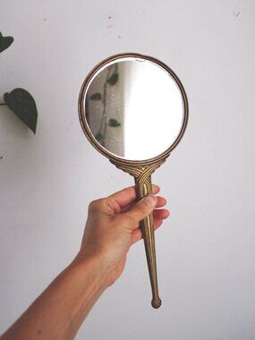 Vintage Art Deco Nouveau Brass Handheld Vanity Hand Mirror Round Glass Ornate